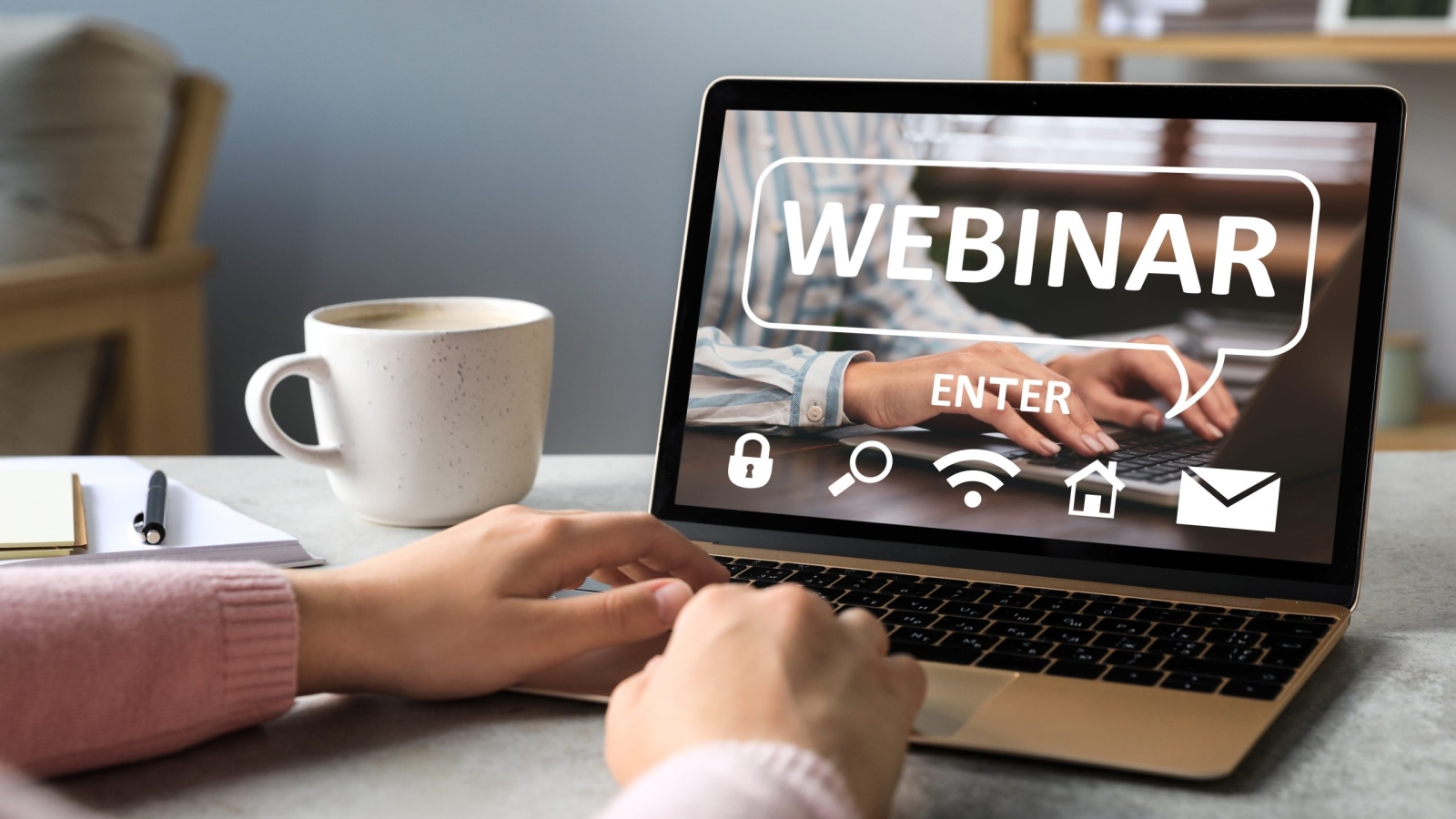 Webinar.,Woman,Using,Laptop,At,Table,,Closeup