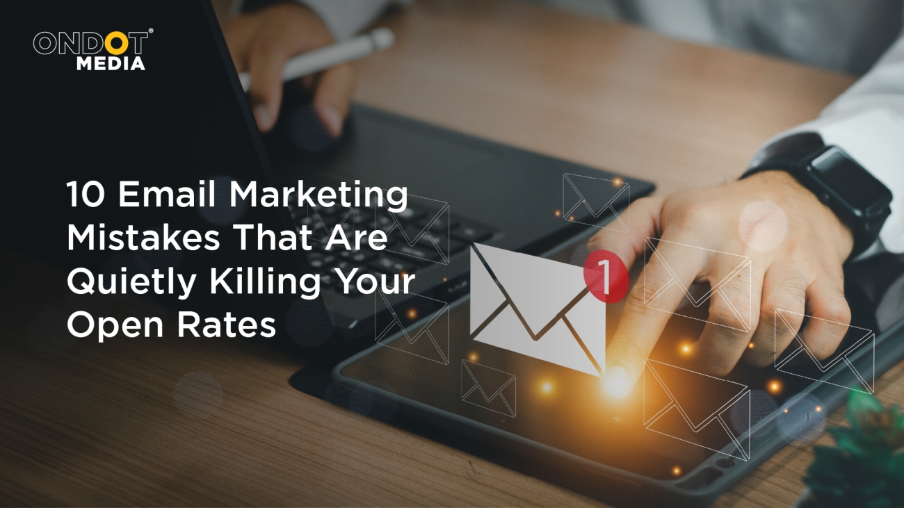 10 Email Marketing Mistakes That Are Quietly Killing Your Open Rates – email marketing campaign on a laptop highlighting inbox engagement and open rate optimisation.