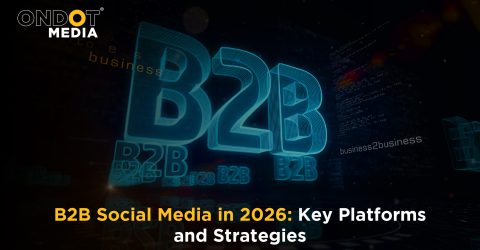 Digital B2B marketing illustration highlighting social media platforms and strategies for business growth in 2026 through LinkedIn, webinars, and thought leadership.