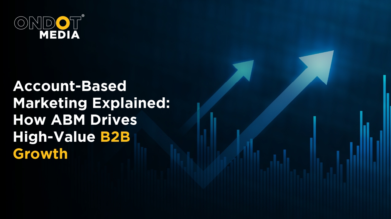 Account-Based Marketing (ABM) growth concept featuring upward trend arrows and analytics, representing how ABM drives high-value B2B growth and demand generation.