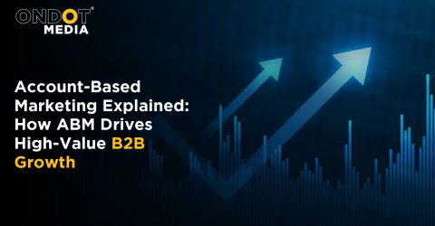 Account-Based Marketing (ABM) growth concept featuring upward trend arrows and analytics, representing how ABM drives high-value B2B growth and demand generation.