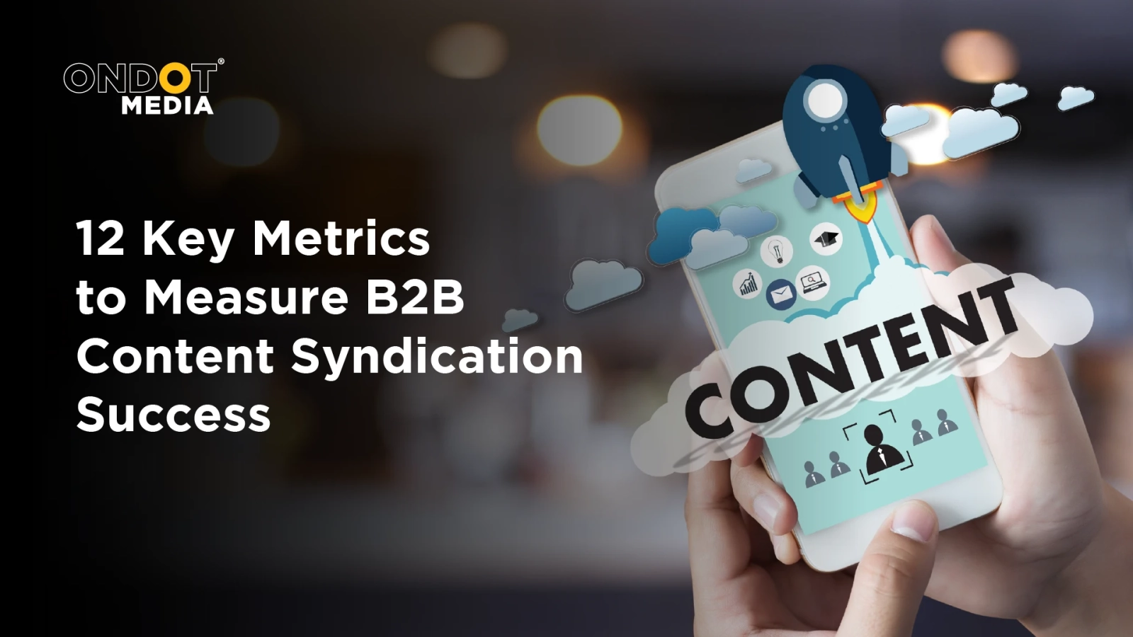 Illustration of B2B content syndication metrics with digital marketing icons representing campaign performance and lead generation.