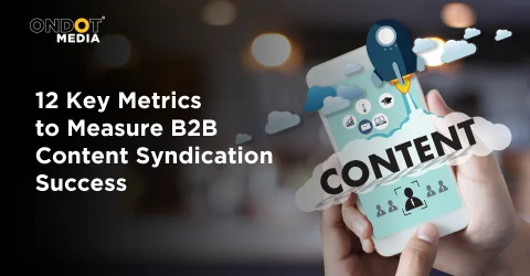 Illustration of B2B content syndication metrics with digital marketing icons representing campaign performance and lead generation.