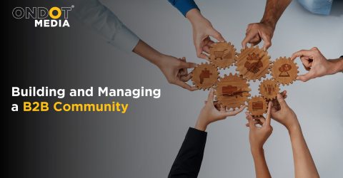 Business professionals collaborating to build and manage a B2B community through strategic partnerships, customer engagement, and relationship building.