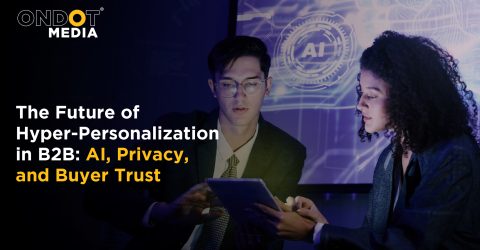 Business professionals using AI-powered technology to deliver hyper-personalization in B2B marketing while balancing privacy, customer trust, and data-driven engagement.